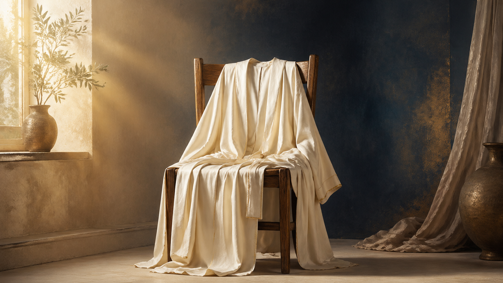 Cream linen robe in warm light for Clothed in a Righteousness Not Your Own