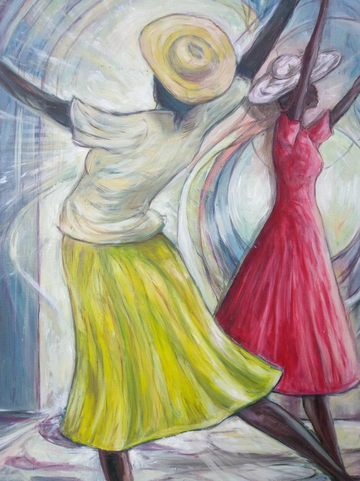 Putting On The New — original painting by Vaughn Tucker depicting two women dancing in flowing garments