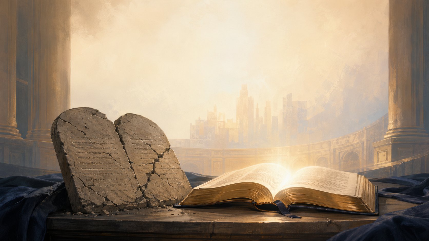 Open Bible beside cracked stone tablets